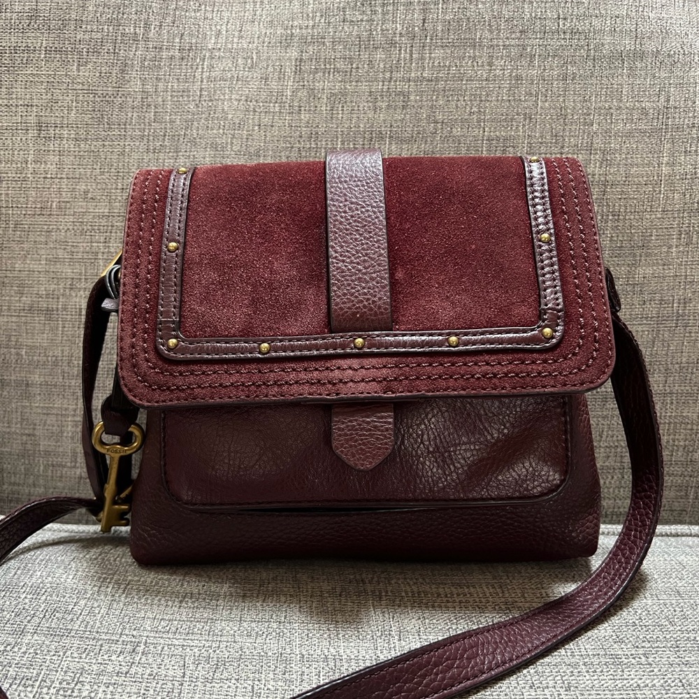 Fossil Kinley Genuine Leather & Suede Studs Multi Pocket Burgundy Crossbody Bag